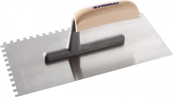 Glättekelle Länge 280 mm Breite 130 mm Zahnung 6x6 gehärtet, m. Buchenholzheft Stahl Stärke 0,7 mm PROMAT