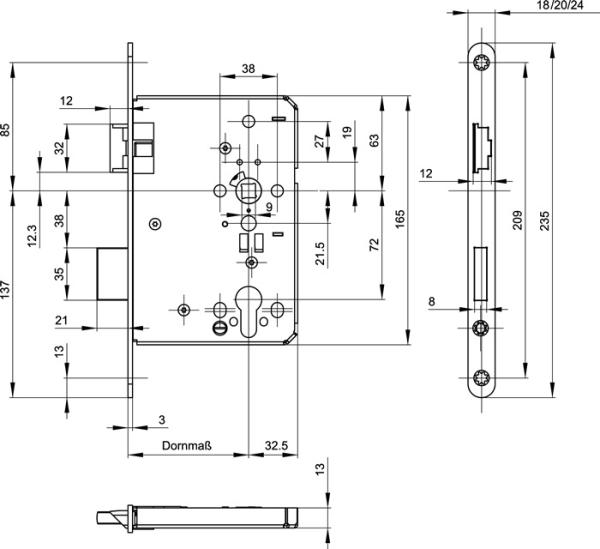 BKS FH-Einsteckschloß 24/65/72/9mm DIN Links verzinkt